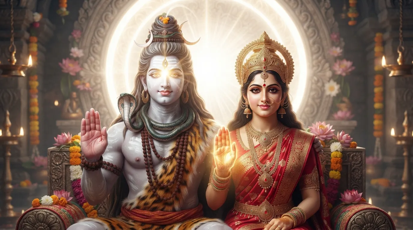 Lord Shiva and Goddess Parvati raising their hands in the blessing gesture (Abhaya Mudra) toward the viewer.