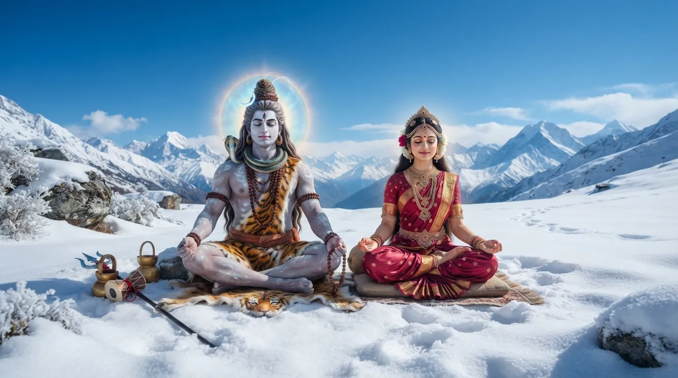 Lord Shiva and Goddess Parvati meditating deeply amidst thick white snow in the high Himalayas.