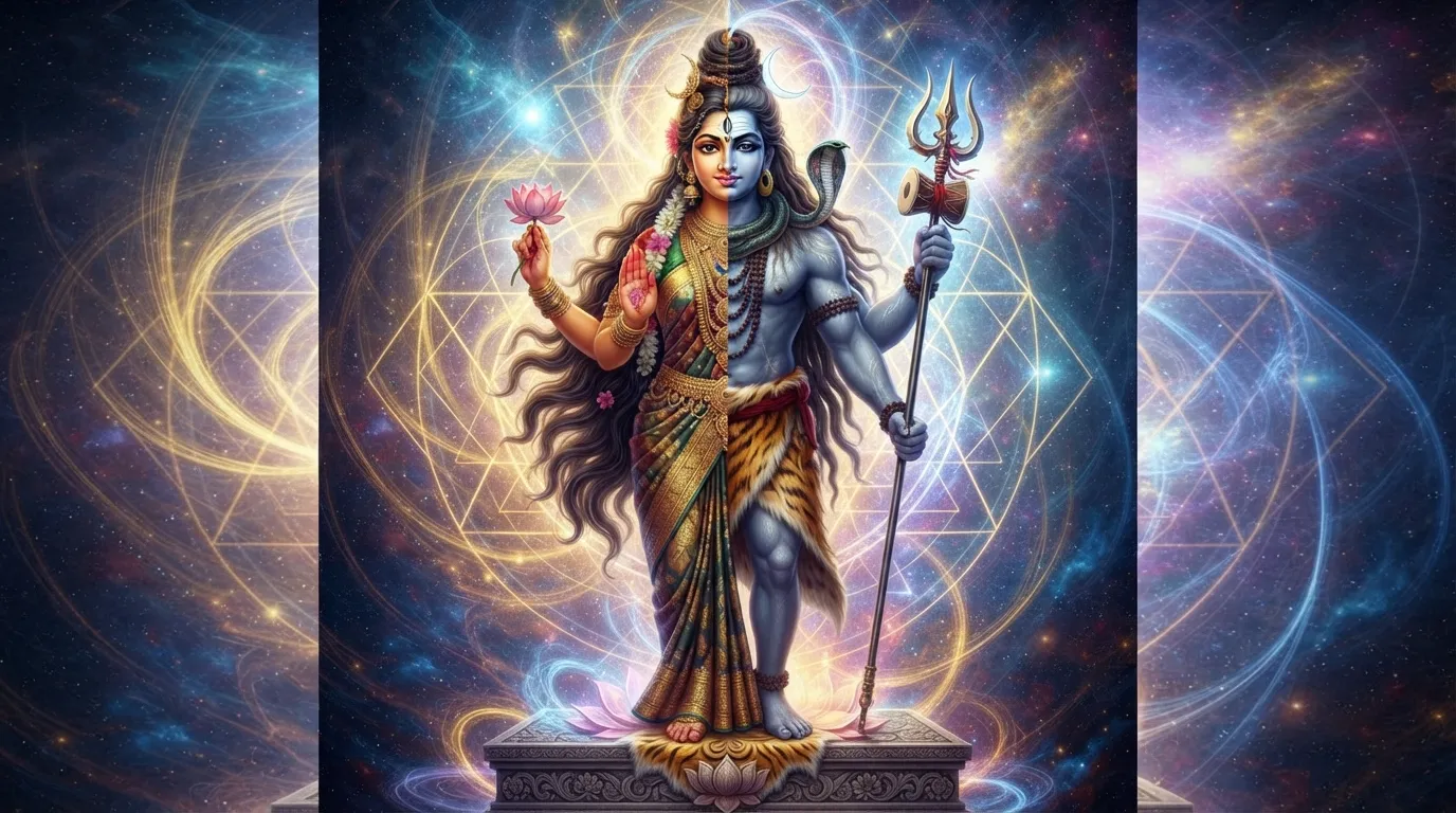 Highly detailed 4k wallpaper of Ardhanarishvara, the composite form of Lord Shiva and Goddess Parvati, representing the union of male and female energies.