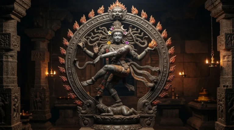 Powerful statue of Baba Bholenath performing the cosmic dance of creation and destruction.