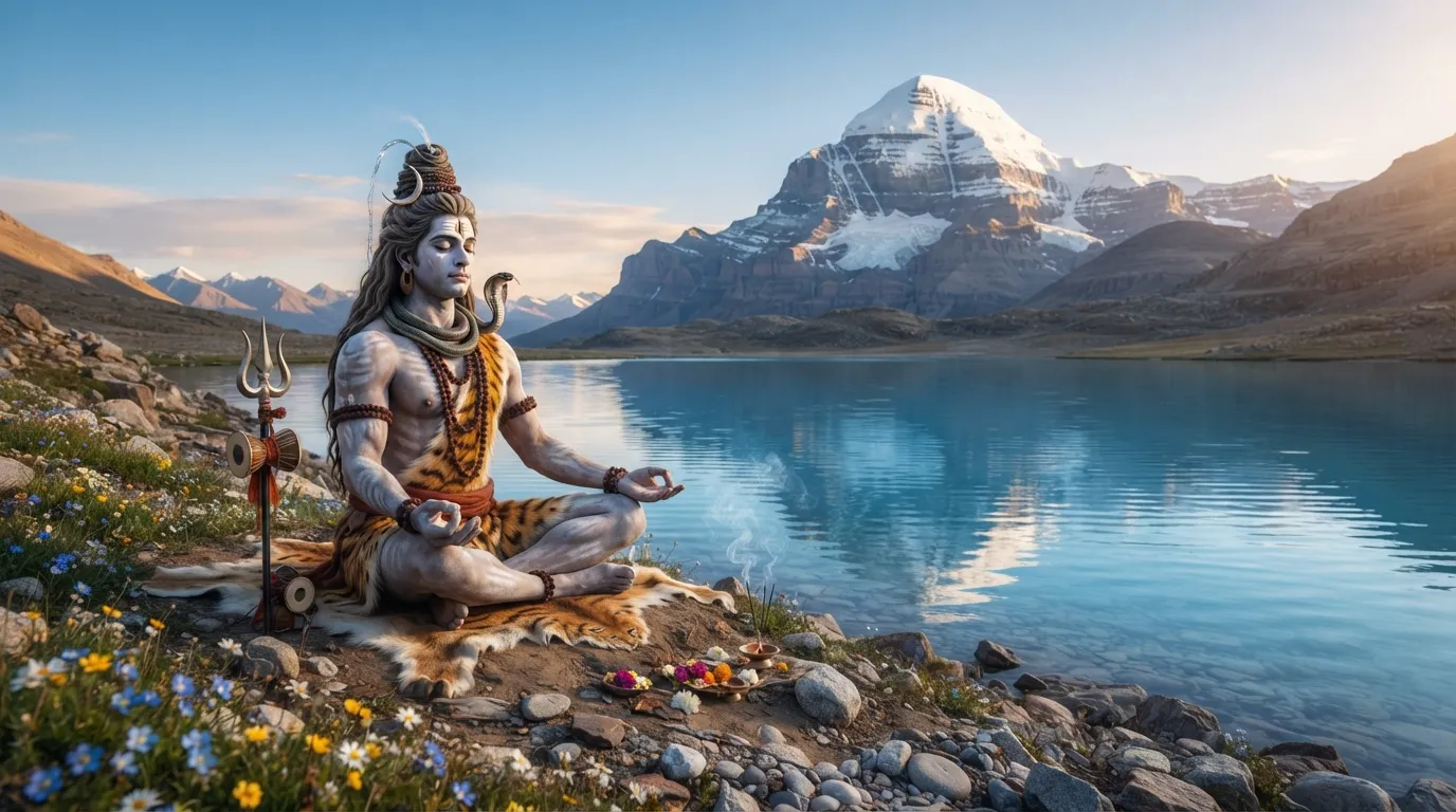 Lord Shiva sitting peacefully on the banks of Lake Mansarovar with Mount Kailash in the background.