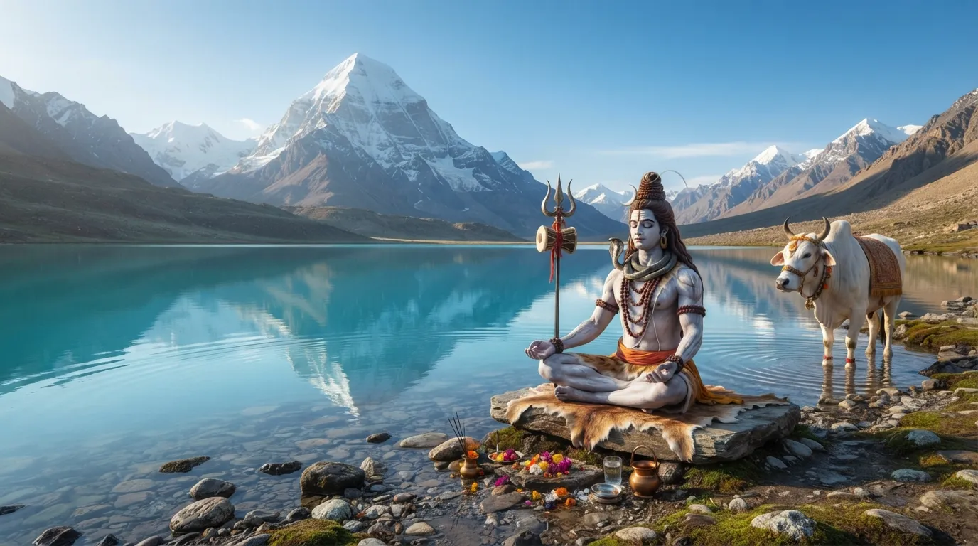 Beautiful 4k image of Lord Shiva sitting in meditation near the turquoise waters of Mansarovar Lake with Mount Kailash in the distance.