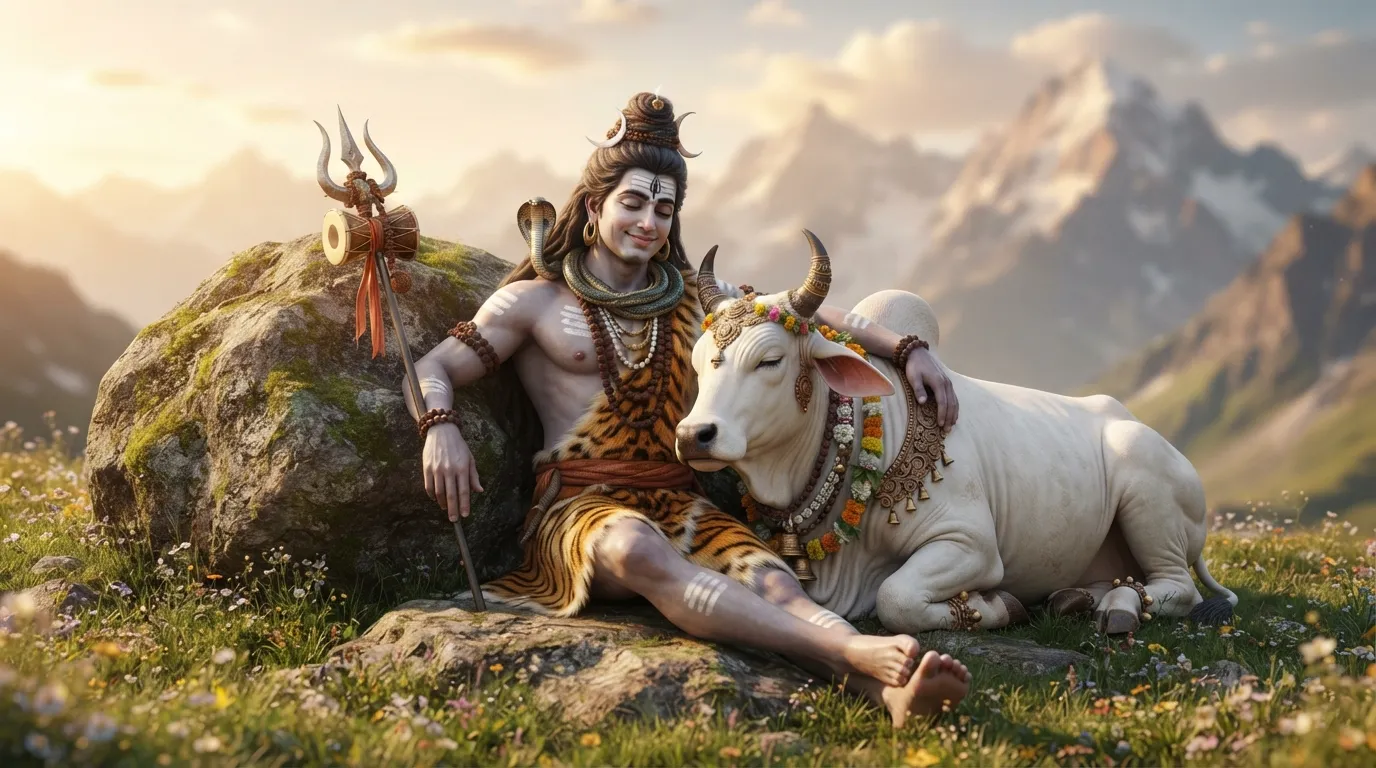 A serene image of Lord Shiva sitting peacefully with his vehicle, Nandi the bull, on a rocky mountain. 4k wallpaper.