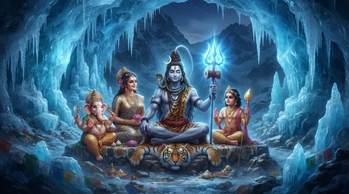 Lord Shiva holding his majestic Trishul while sitting with his family inside a glowing ice cave.