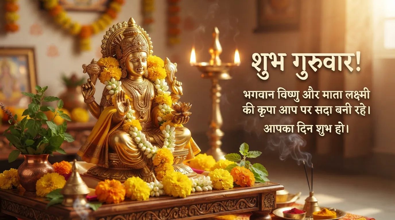 Beautiful golden idol of Lord Vishnu with yellow marigold flowers for Thursday morning prayers.