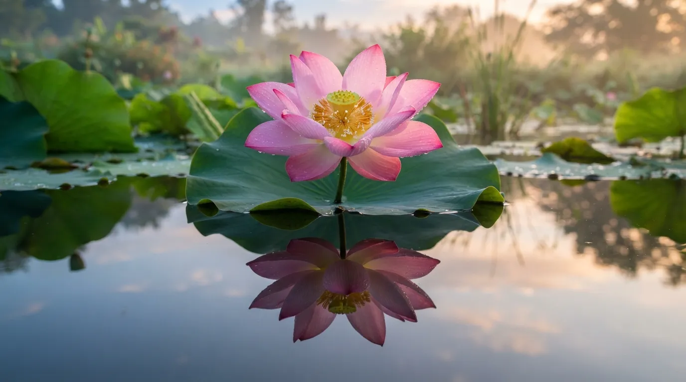 Pink lotus flower with clear reflection on smooth morning water