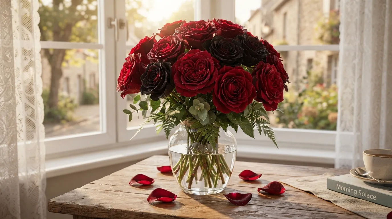 A beautiful bouquet of fresh red roses sitting on a table in warm morning sunlight.