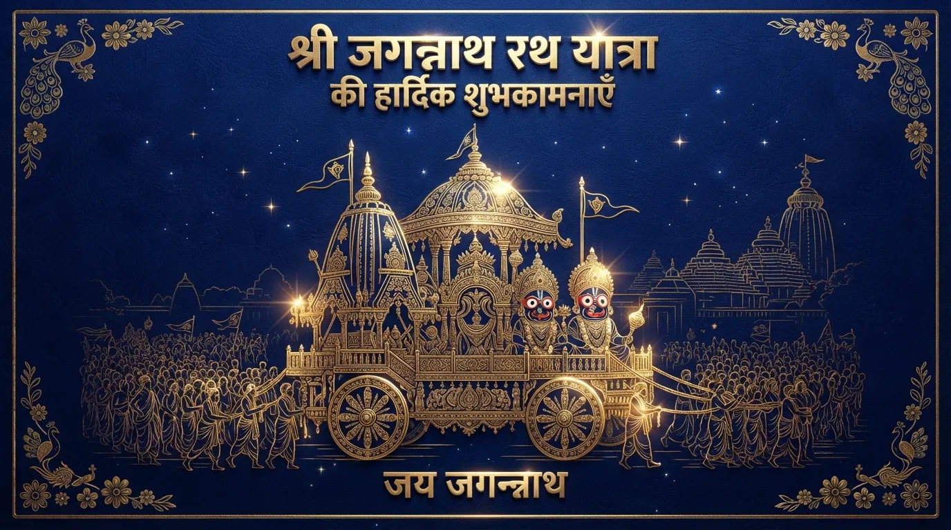 Luxury golden foil art of Lord Jagannath chariot with Hindi morning motivation.
