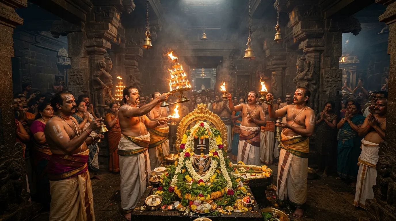 Priests conducting the grand morning Maha Aarti for Rameshwaram Shivling inside Karpagragam.
