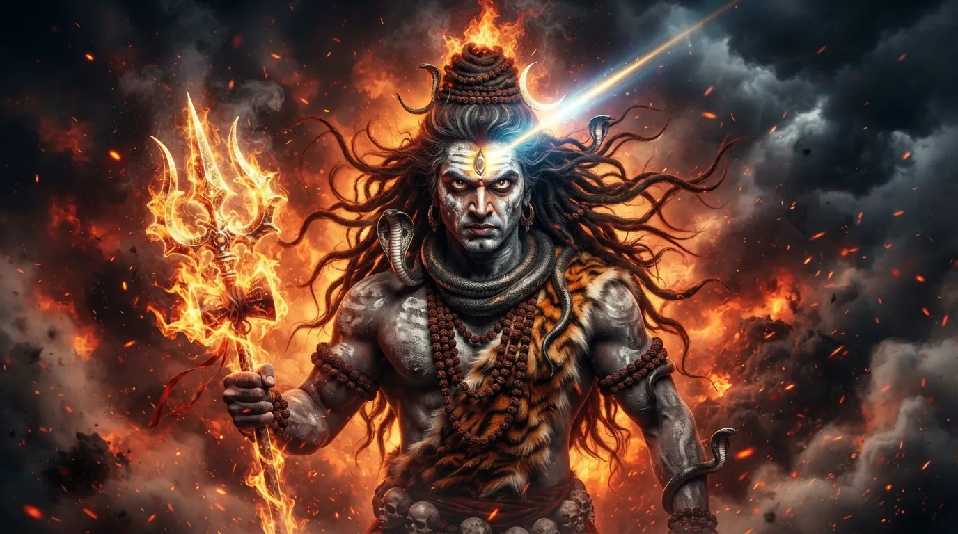 Lord Shiva (Mahadev) in his powerful Aghori form with the third eye open, a dramatic and intense 4K wallpaper.