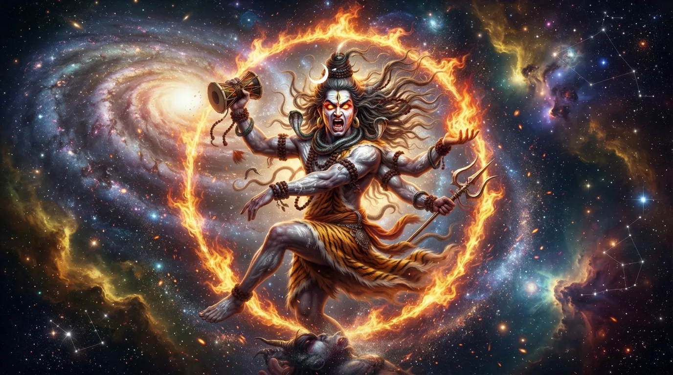Lord Shiva performing the fierce Tandava dance in outer space cosmic background, Mahadev hd wallpaper 4k