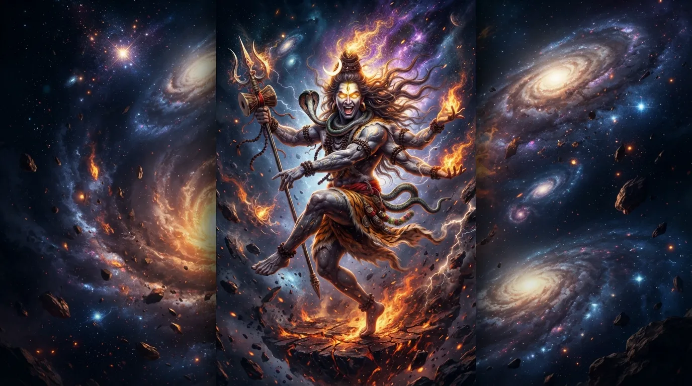 Angry Lord Shiva performing the divine cosmic Tandava dance surrounded by cinematic fire and cosmic energy.