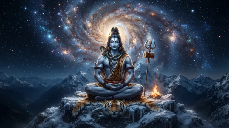 Lord Shiva sitting in meditation on Mount Kailash with the galaxy in the background. High-quality Mahadev 4k wallpaper.
