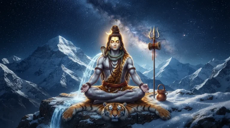 A 4K ultra HD wallpaper of Lord Shiva (Mahadev) sitting in a deep meditative state on a snow-covered Kailash peak.