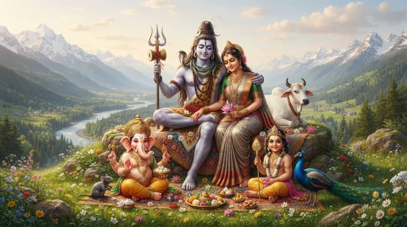 A heartwarming 4K wallpaper of Lord Shiva (Mahadev), Goddess Parvati, Lord Ganesha, and Lord Kartikeya.