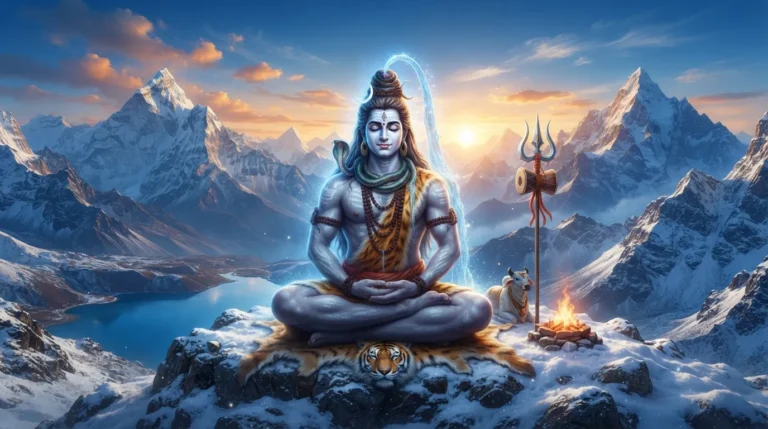 Lord Shiva meditating on a snowy peak of Mount Kailash in 4K resolution for PC.