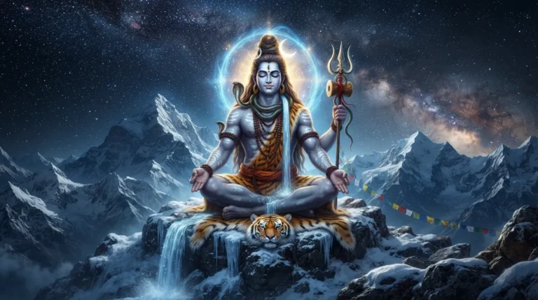 Lord Mahadev meditating in deep peace on snow-capped Mount Kailash in 4K resolution.