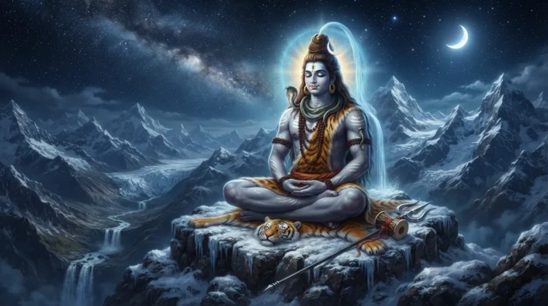 Lord Shiva meditating on snow-covered Mount Kailash in 4K resolution.