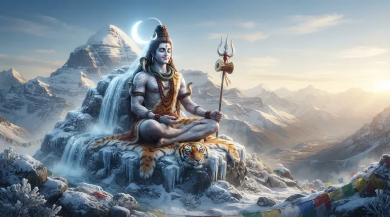 Lord Shiva meditating in deep peace on snow-covered Mount Kailash, Mahadev wallpaper HD 4K for PC.