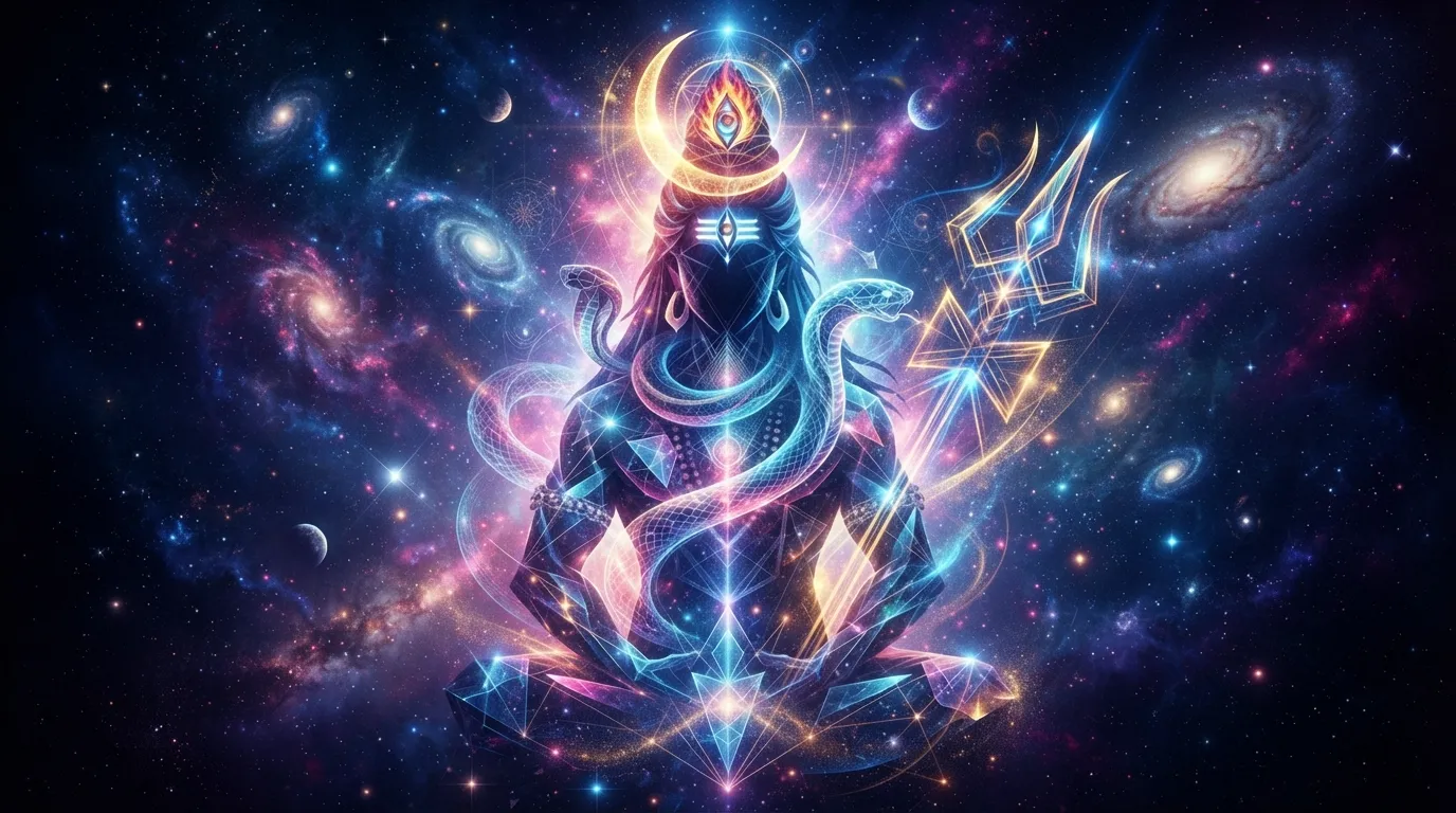 A modern, artistic representation of Lord Shiva (Mahadev) with abstract elements and a vibrant color scheme in 4K resolution.