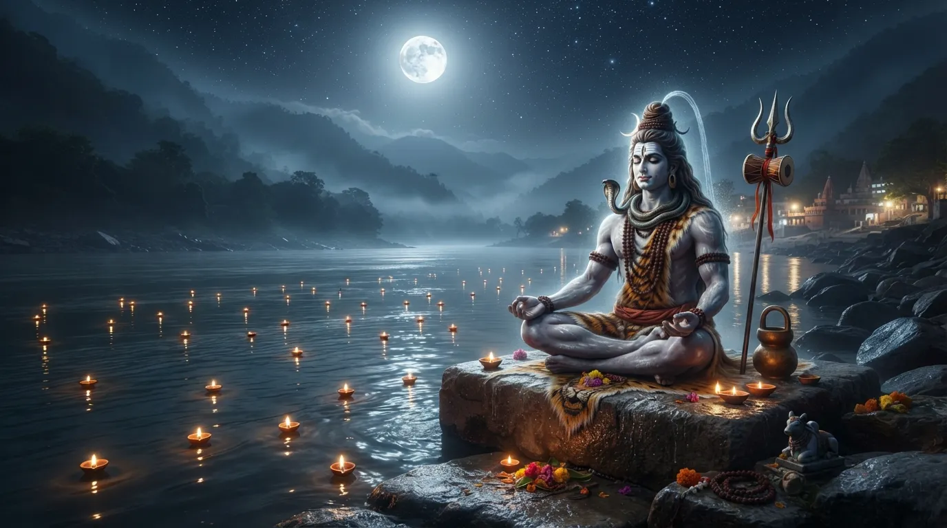 Lord Shiva meditating on the river banks of Ganga under a starry night sky, Mahadev hd wallpaper 4k