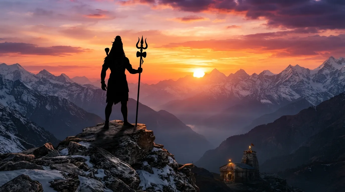 A peaceful 4K wallpaper of the silhouette of Lord Shiva against a stunning, colorful Himalayan sunset.
