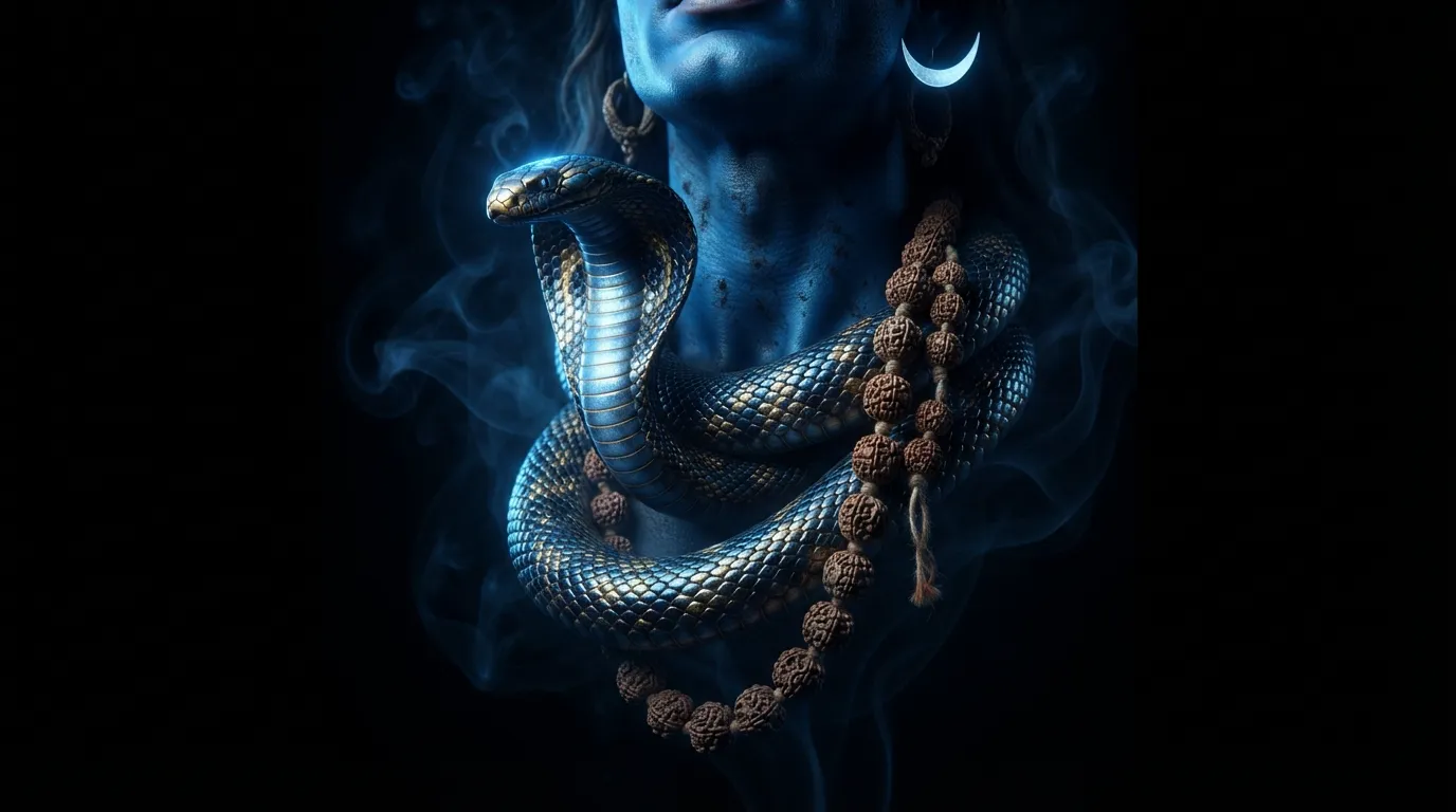 Detailed artwork of the sacred snake Vasuki coiled around the neck of Lord Shiva with a dark background.