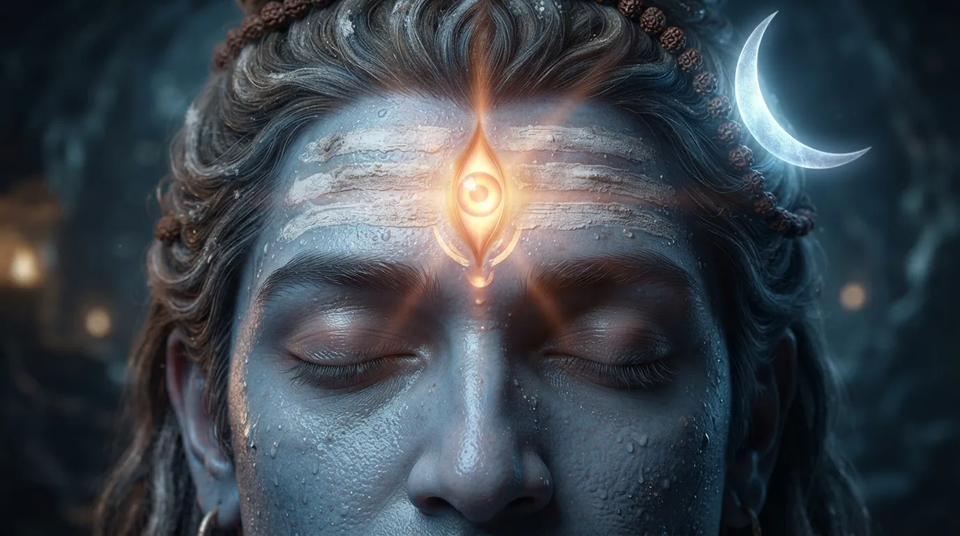Close up macro shot of Lord Shiva's third eye glowing with divine light in 4K HD.