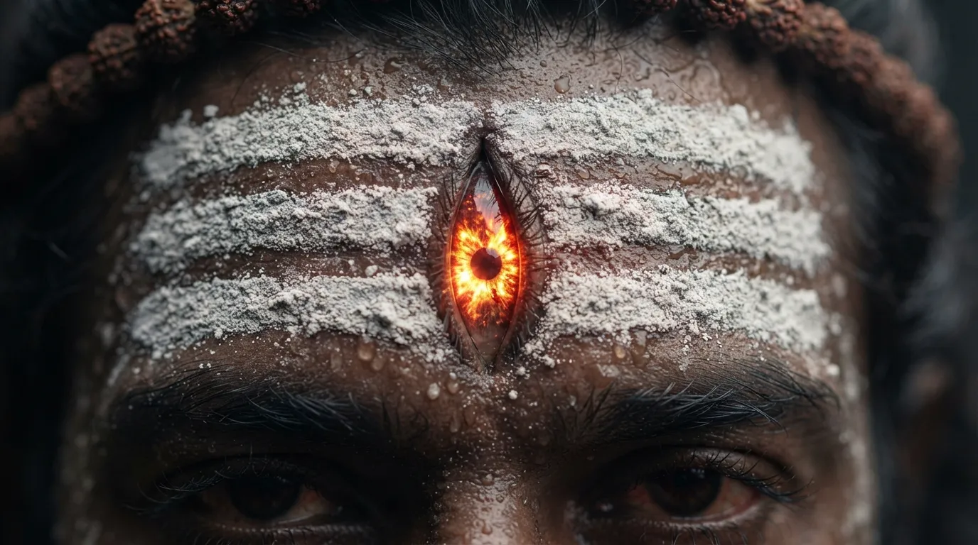 Macrophotography style closeup of Lord Shiva's forehead and glowing third eye, Mahadev hd wallpaper 4k