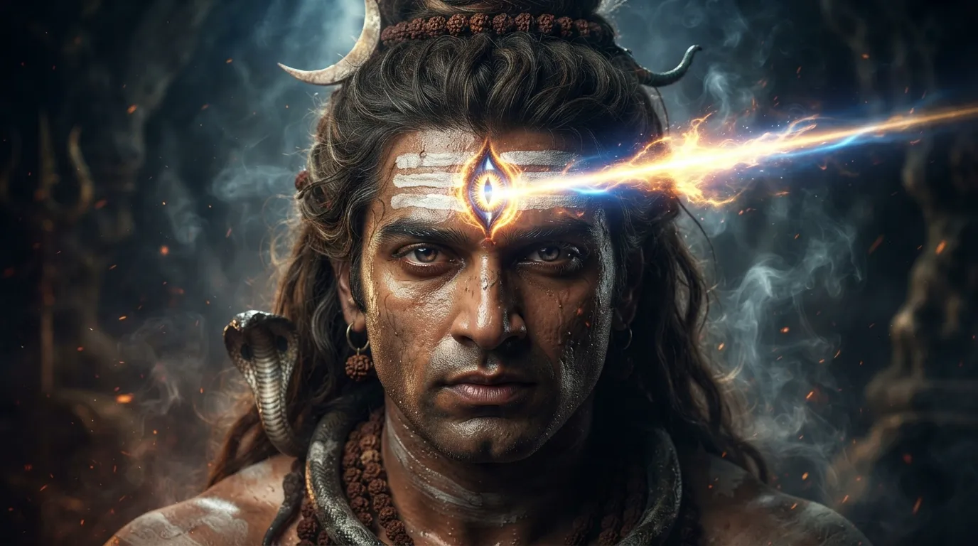 Close-up cinematic view of Lord Shiva opening his third eye with divine golden light.