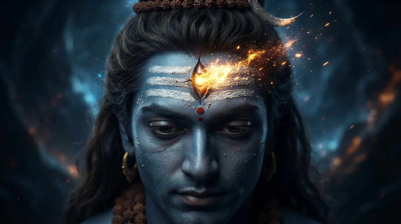 Ultra-detailed close-up artwork of Lord Shiva’s third eye opening with glowing golden divine fire.