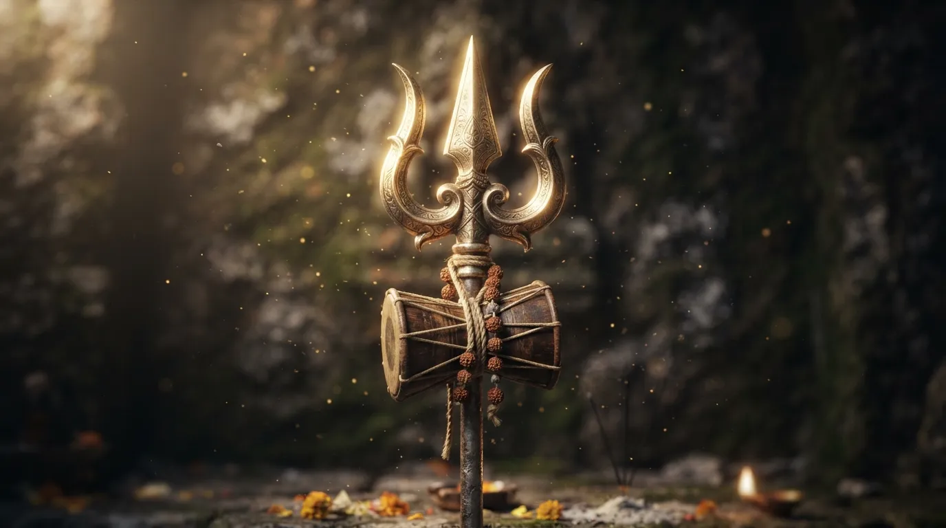 A high-resolution, detailed close-up of Mahadev's Trishul (trident) and Damru (drum) with subtle light, a 4K minimalist wallpaper.
