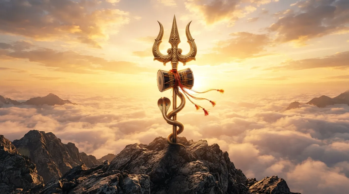 Majestic golden sunrise behind Lord Shiva's Trishul and Damru on a mountain peak, mahadev wallpaper hd 4k for pc.