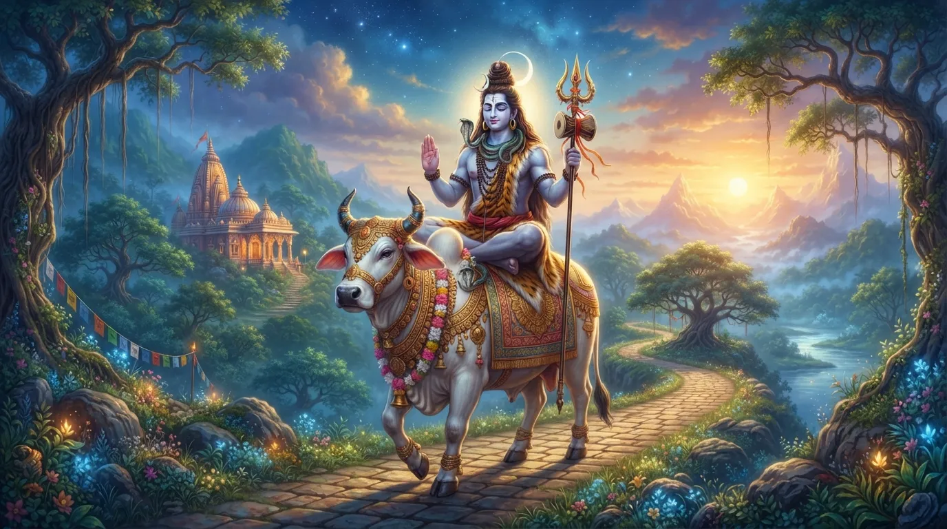A beautiful 4K wallpaper showing Lord Shiva (Mahadev) riding his celestial bull, Nandi, in a celestial landscape.