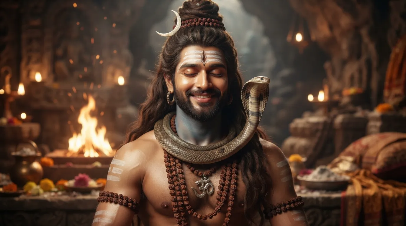 Close up portrait of calm Lord Shiva with king cobra snake around his neck, Mahadev hd wallpaper 4k