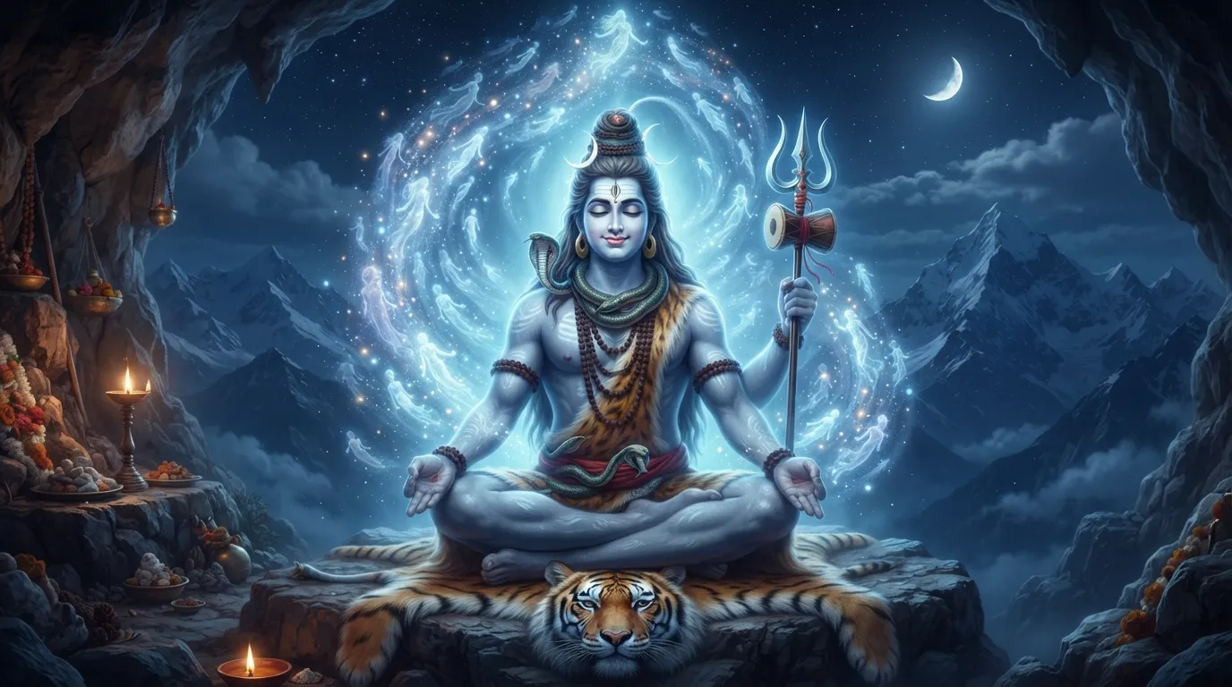 Spiritual image of Lord Shiva emanating blue light, illustrating his role as the conqueror of death.