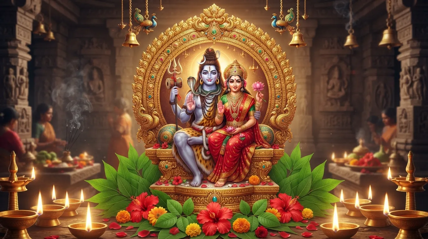 HD Maha Shivratri special DP of Shiv Parvati surrounded by sacred bilva leaves and lotus blossoms.