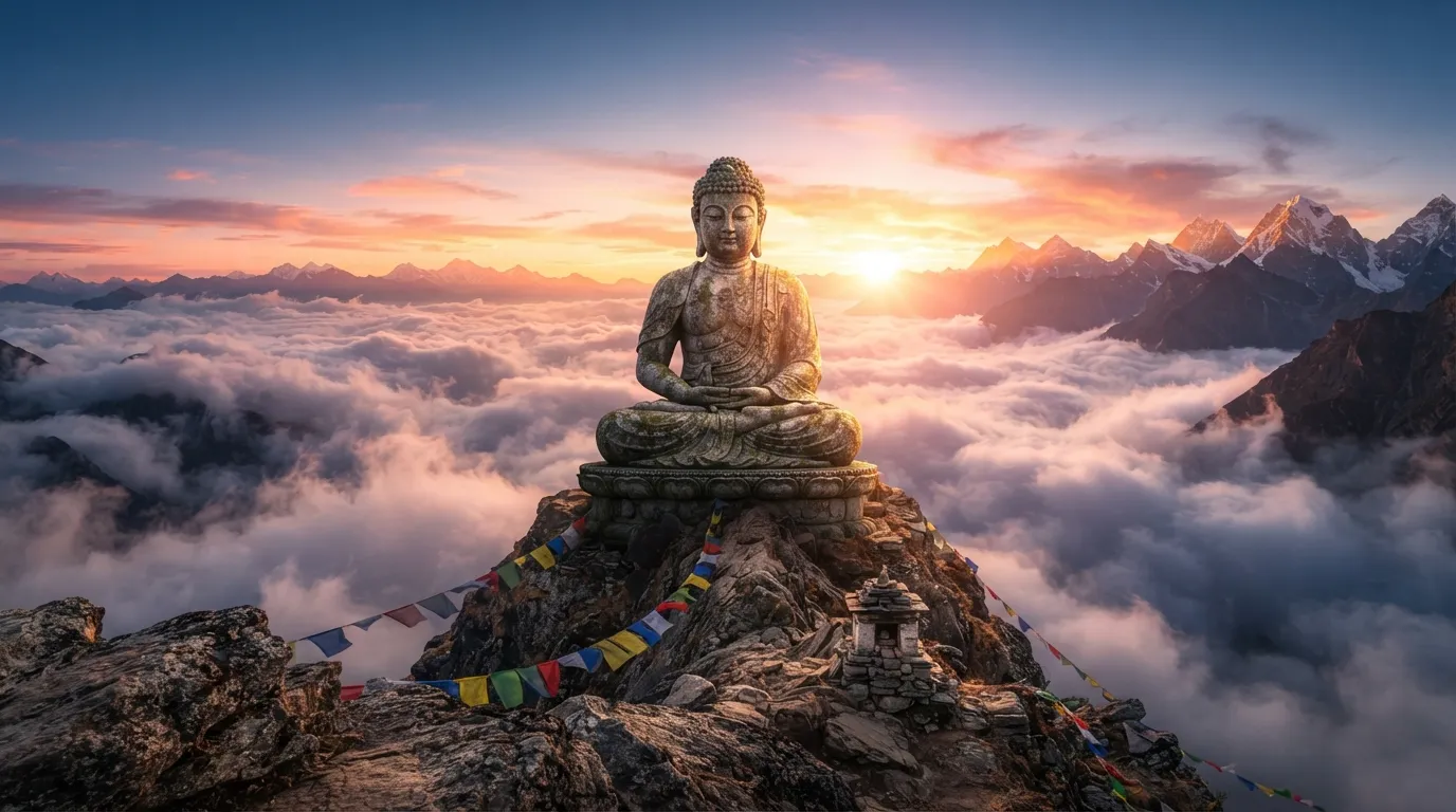 A tall stone Buddha statue meditating on a high mountain peak overlooking a spectacular cloud sea and sunrise.