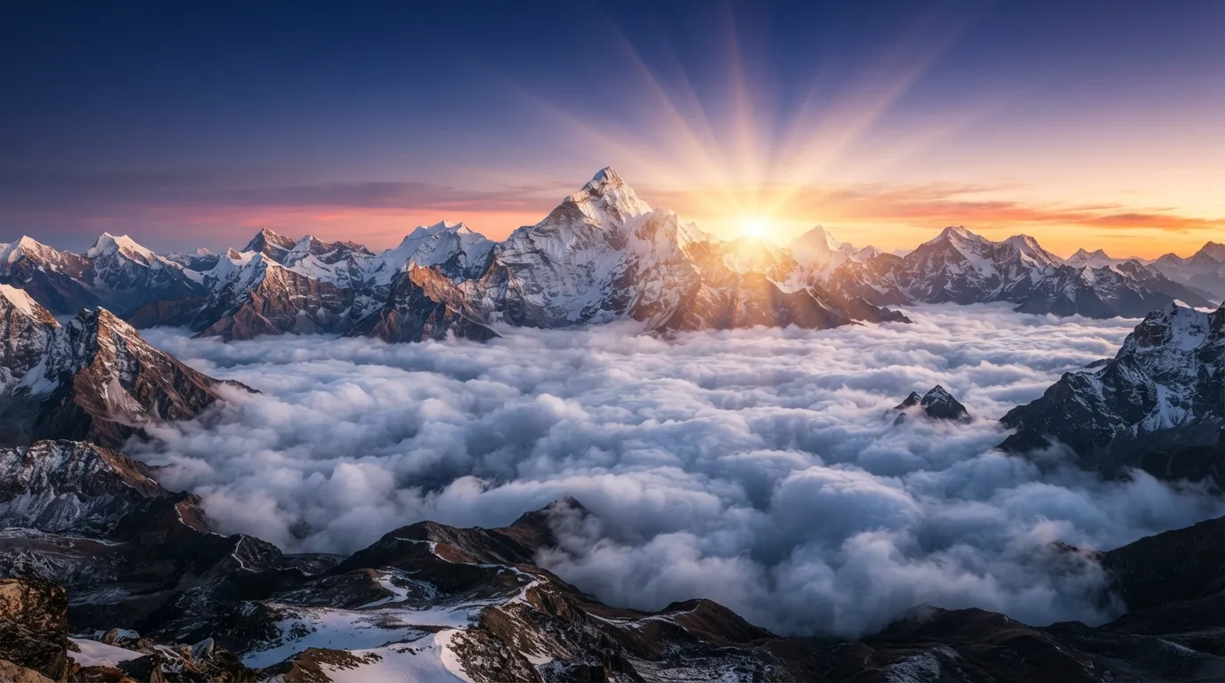 Sun rising behind snow-capped mountain peaks on a beautiful good morning.