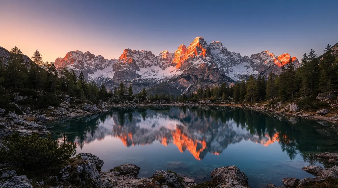 Snow-capped mountain peaks glowing with orange first light under a clear morning sky.