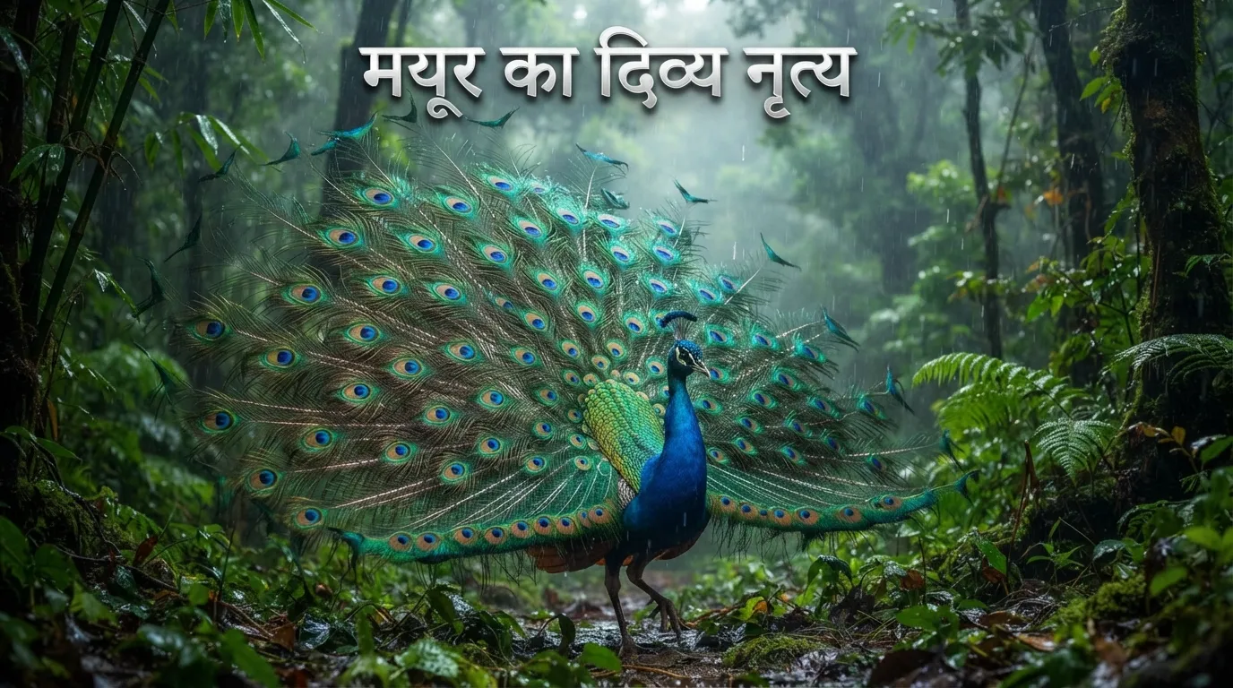 A beautiful Indian peacock spreading its feathers in morning rain with Hindi text.
