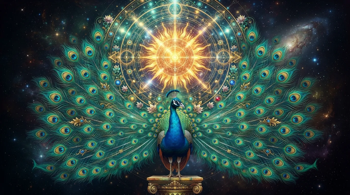 A vibrant peacock with open feathers integrated into a bright solar mandala design.