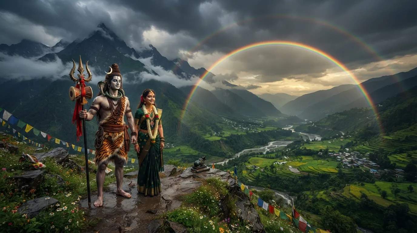 Shiv Parvati standing on a mountain peak with Sawan rainbow