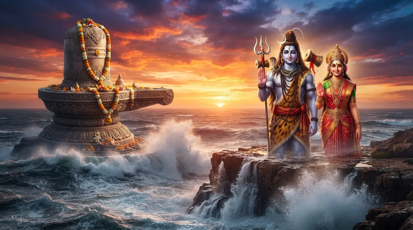 Grand cinematic visualization of Lord Shiva and Parvati blessing devotees next to a giant Shivling on an ocean cliff.