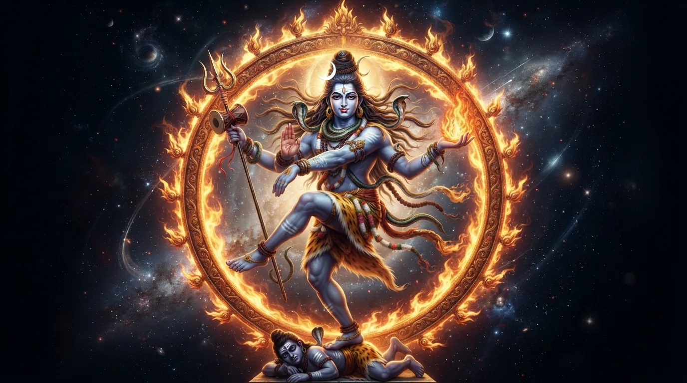 Lord Shiva performing the cosmic dance of creation and destruction, known as Nataraja.