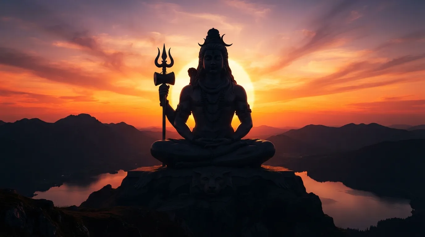 Peaceful silhouette of a massive Lord Shiva statue against a beautiful orange and gold sunset sky.