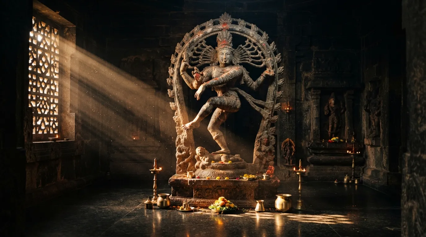 Large stone Nataraja idol inside an ancient Indian temple sanctuary with sun rays