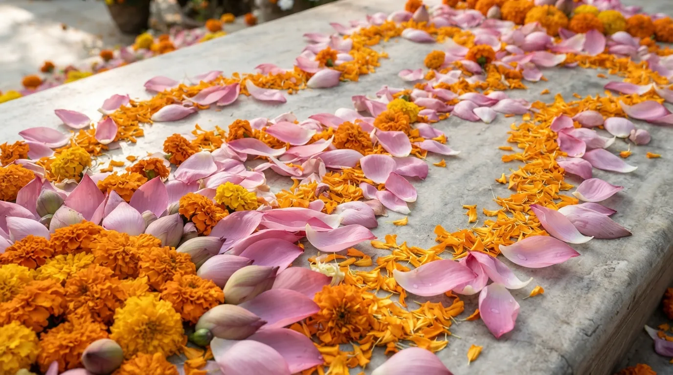 Colorful pattern composed of fresh marigold and lotus flower petals on white background
