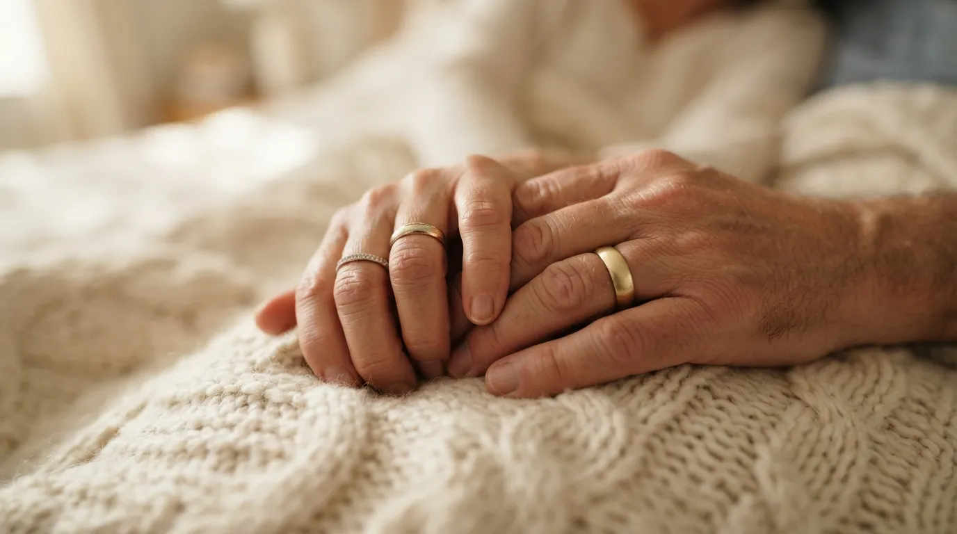 Close up of a husband and wife interlocking fingers in morning light