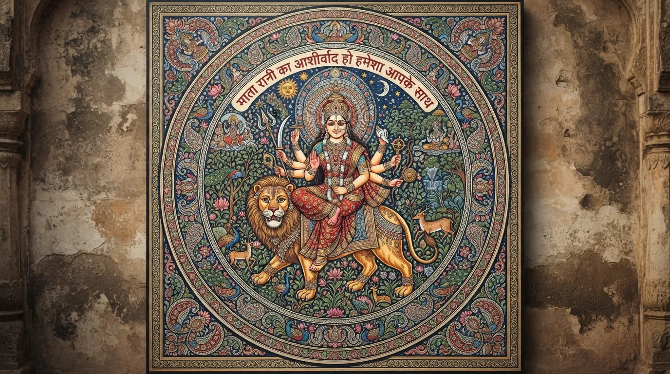 Traditional hand-painted art of Mata Rani on her lion with a devotional quote.